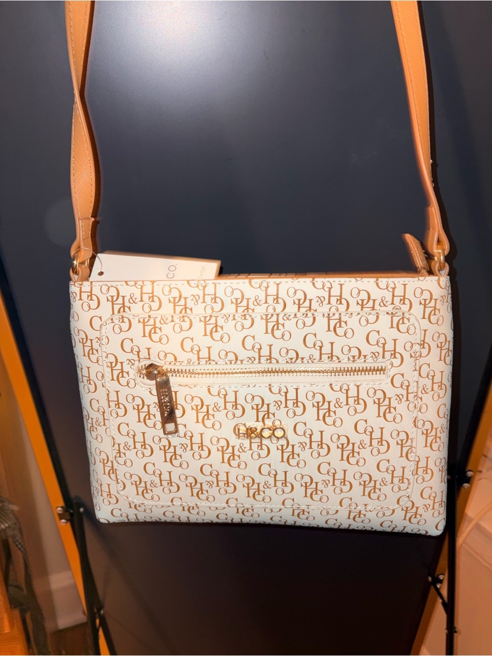 Cream and Tan Monogram Crossbody Bag with Gold Accents